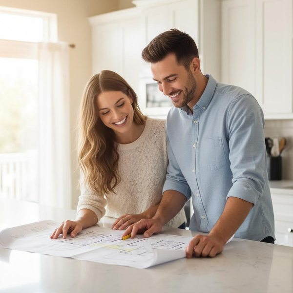 A couple smiling as they look over architectural blueprints spread across a newly installed kitchen counter. 
