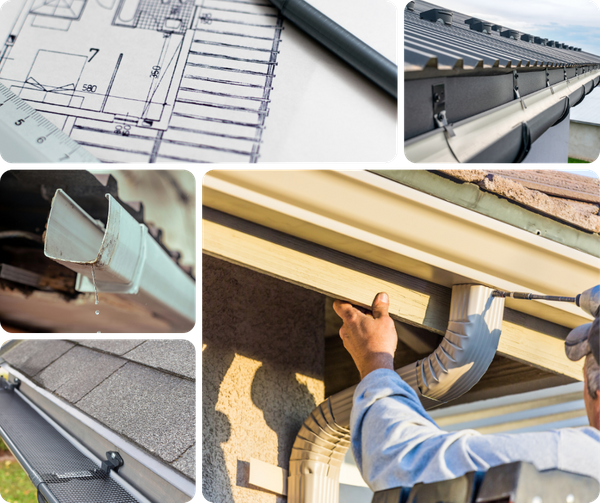 collage of gutters and gutter installation 