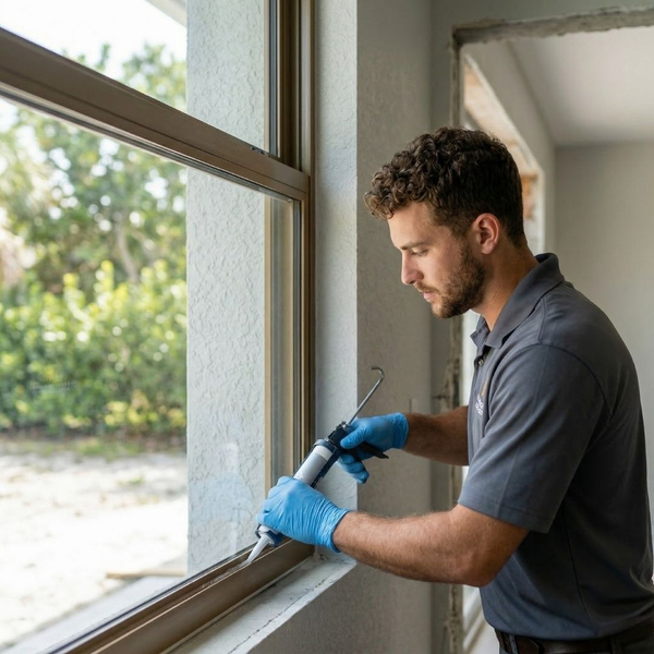 A contractor, wearing gloves, applies a smooth layer of caulk around the frame of a large, black-framed window, showing attention to detail.