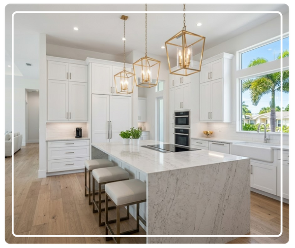 A luxurious custom kitchen featuring high-end white cabinetry, a large marble waterfall island, and three gold lantern pendant lights.