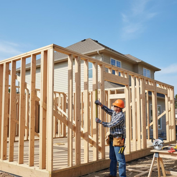a residential home addition in progress. Clean, new wooden framing expanding from an existing house. A professional contractor in unbranded workwear is measuring a stud.