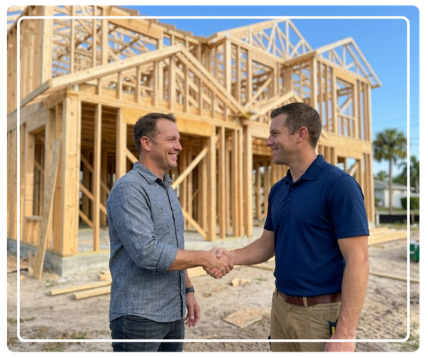A happy homeowner and contractor shaking hands in front of a newly framed two-story custom home build.