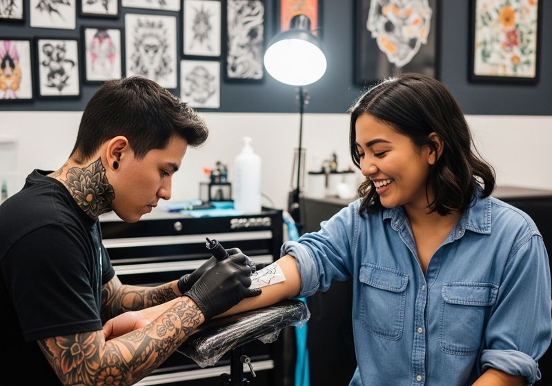Woman Smiling During Tattoo Process
