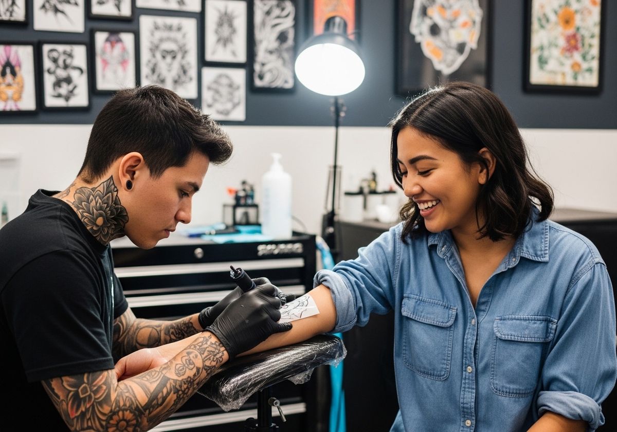 Woman Smiling During Tattoo Process