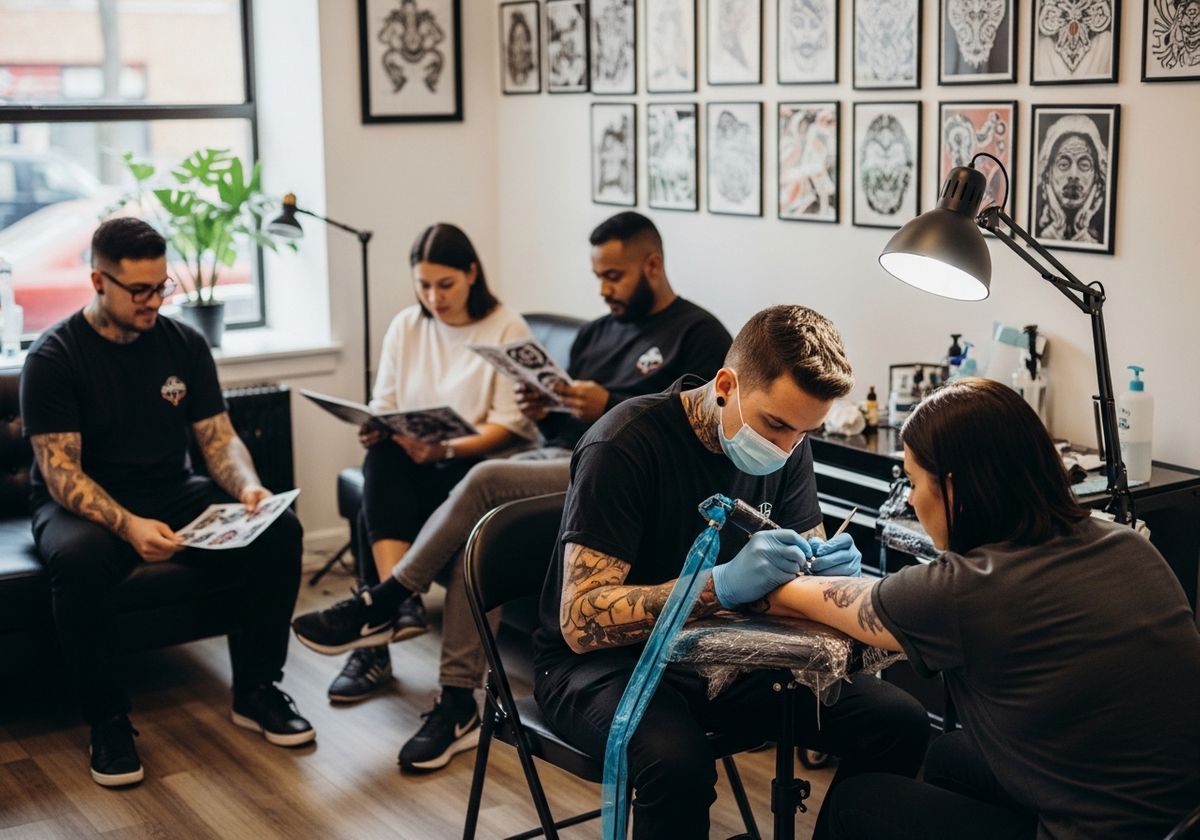Tattoo artist at work in a modern tattoo studio