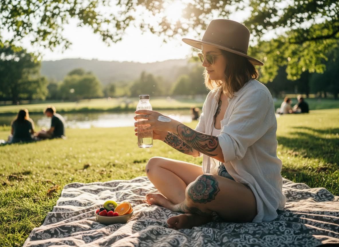 Woman enjoying a picnic by a lake at sunset