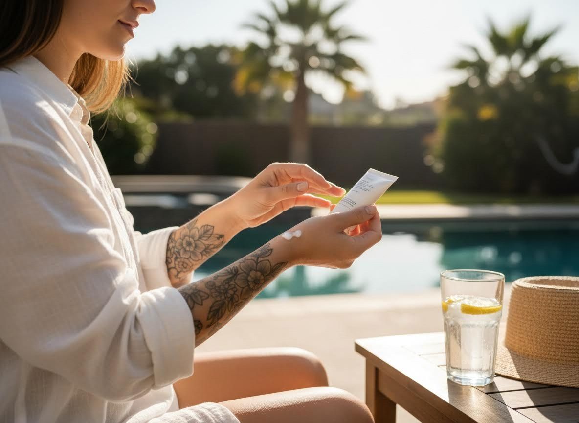 Woman applying sunscreen by a pool
