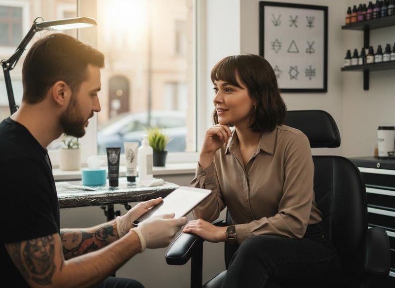 A tattoo artist in gloves shows a digital design on a tablet to a smiling female client in a studio setting. Tattoo Artist Consulting Client with Tablet