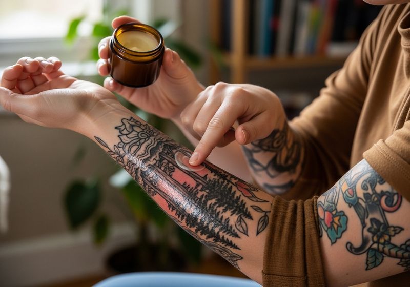 A lifestyle photograph of a person applying tattoo balm to a fresh tattoo on their arm. 1768492637283/sample_0.jpg