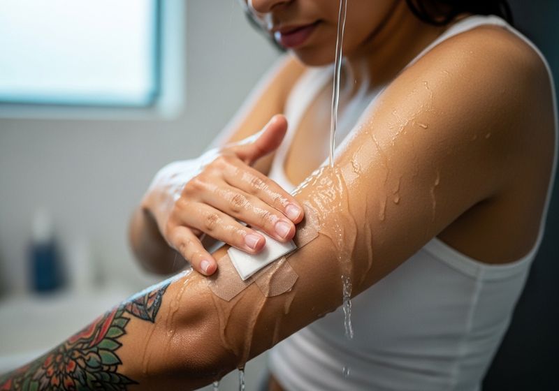 A person with a tattoo on their arm is shown cleaning the area with water and a soft cloth. The tattoo is covered with a transparent bandage, and water is running over the skin, highlighting the importance of keeping a new tattoo clean. Tattoo Aftercare