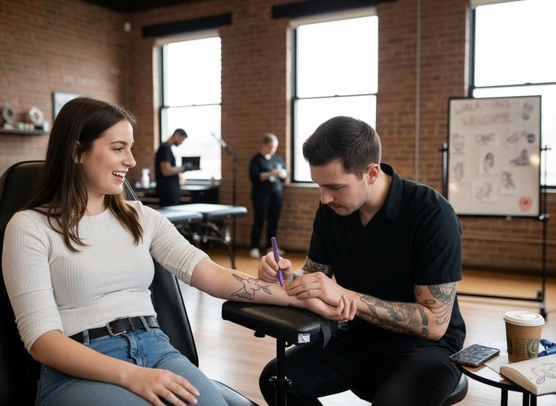 A male tattoo artist uses a purple marker to draw a bird design on a smiling female client's forearm in a bright tattoo studio. Tattoo artist drawing a design on woman's arm