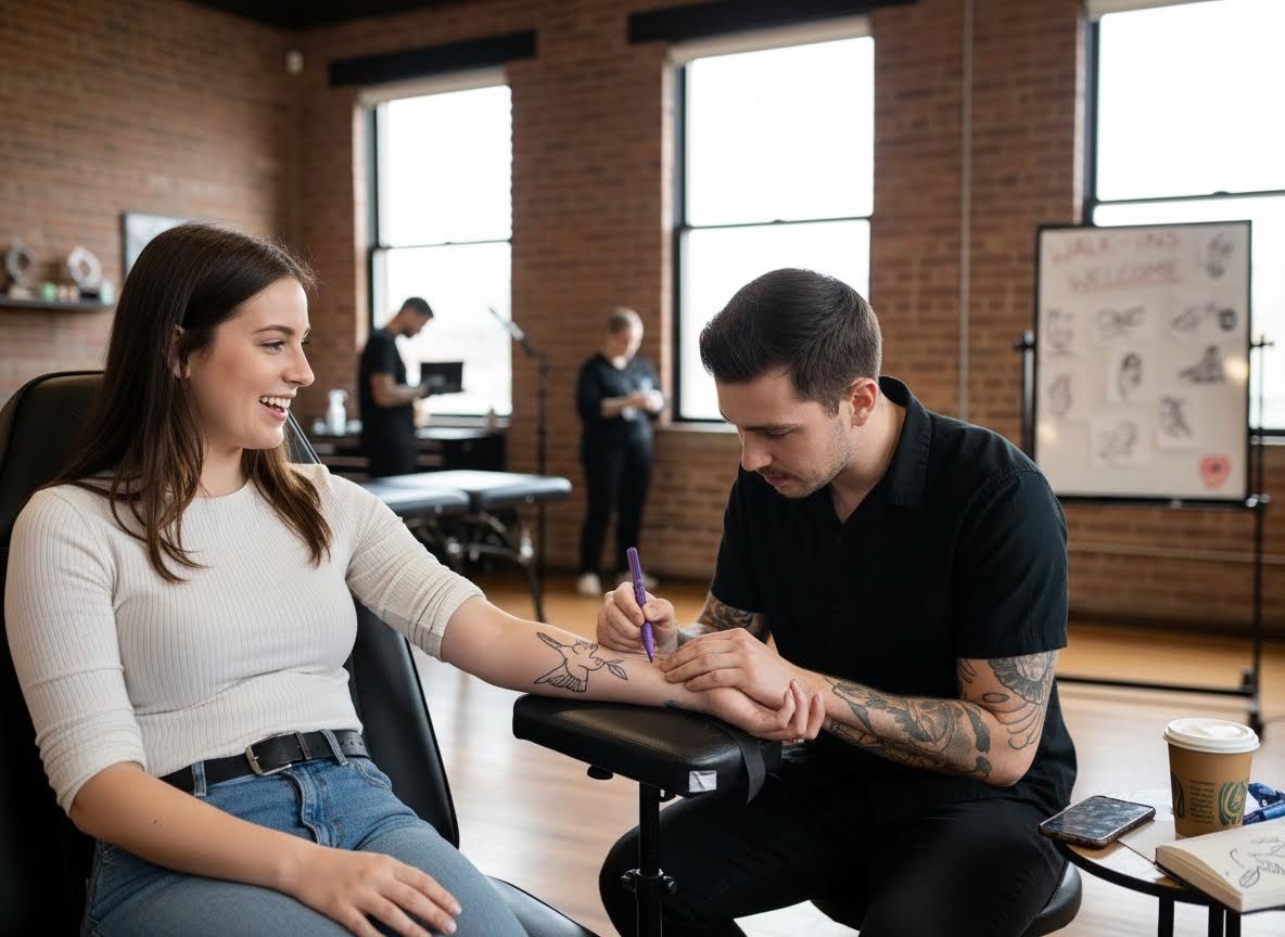 Tattoo artist drawing a design on woman's arm