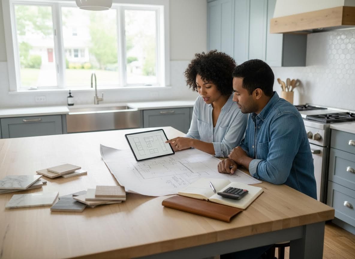 Couple Planning Home Renovation with Blueprints and Tablet