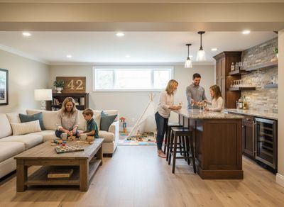 Two adults and two children in a modern basement. A woman and boy play blocks on the couch, while a man, woman, and girl are at the wet bar. Family Enjoying a Bright Finished Basement