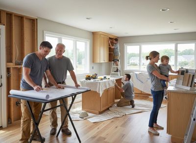 A family and contractors work on a kitchen renovation. Men check blueprints, install cabinets, and a woman with a child selects materials. Family Kitchen Renovation with Contractors