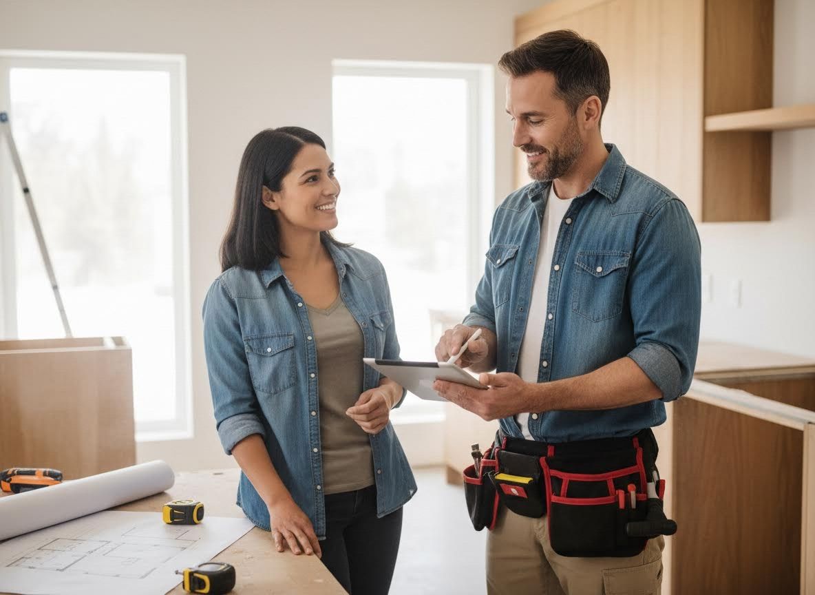 a contractor meeting with a female client in her kitchen that's being renovated