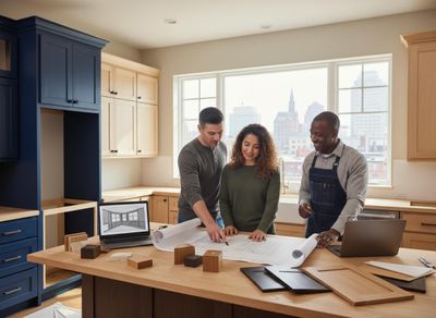Couple and designer reviewing kitchen renovation plans
