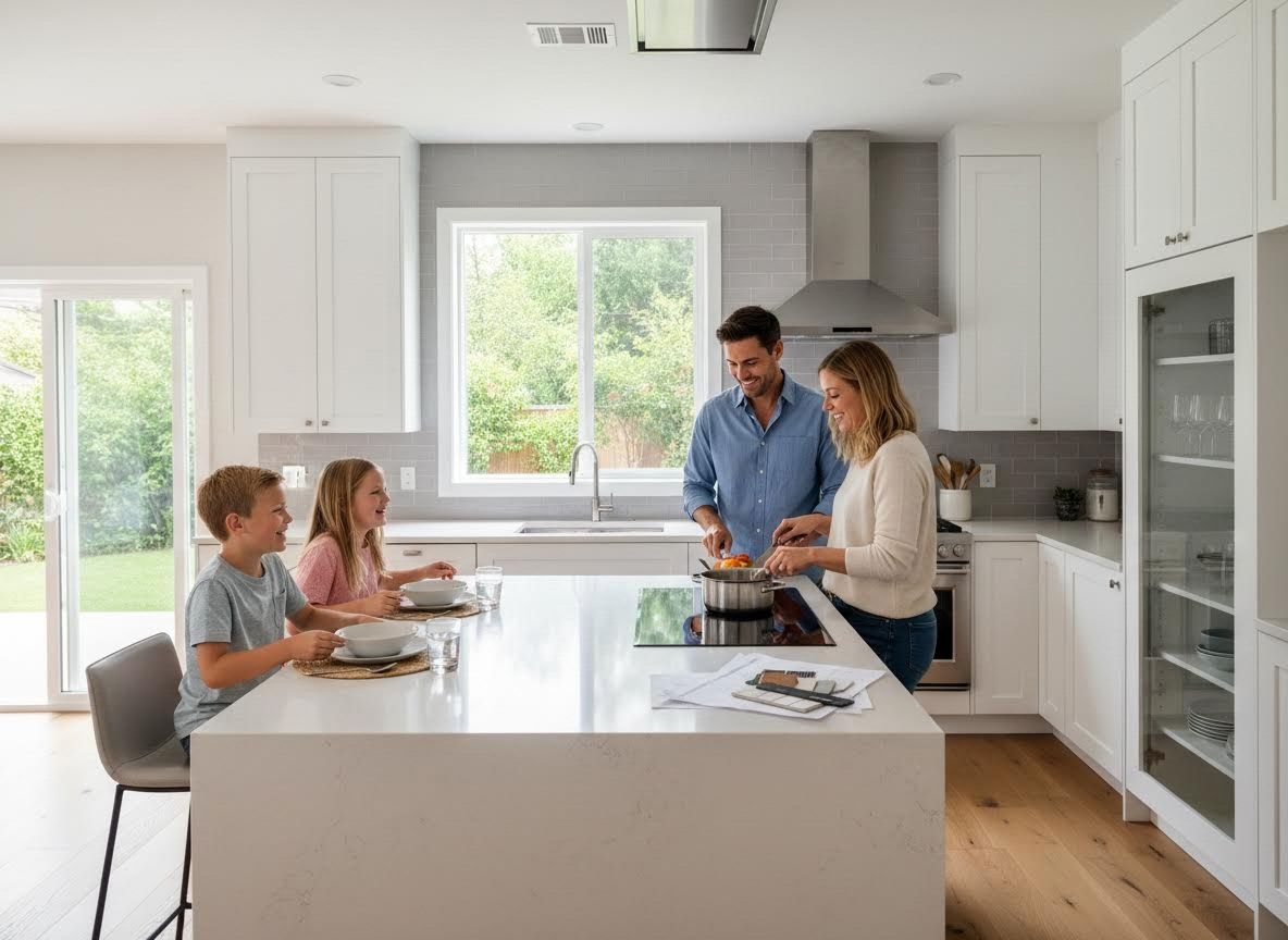 Family meal preparation in a modern kitchen