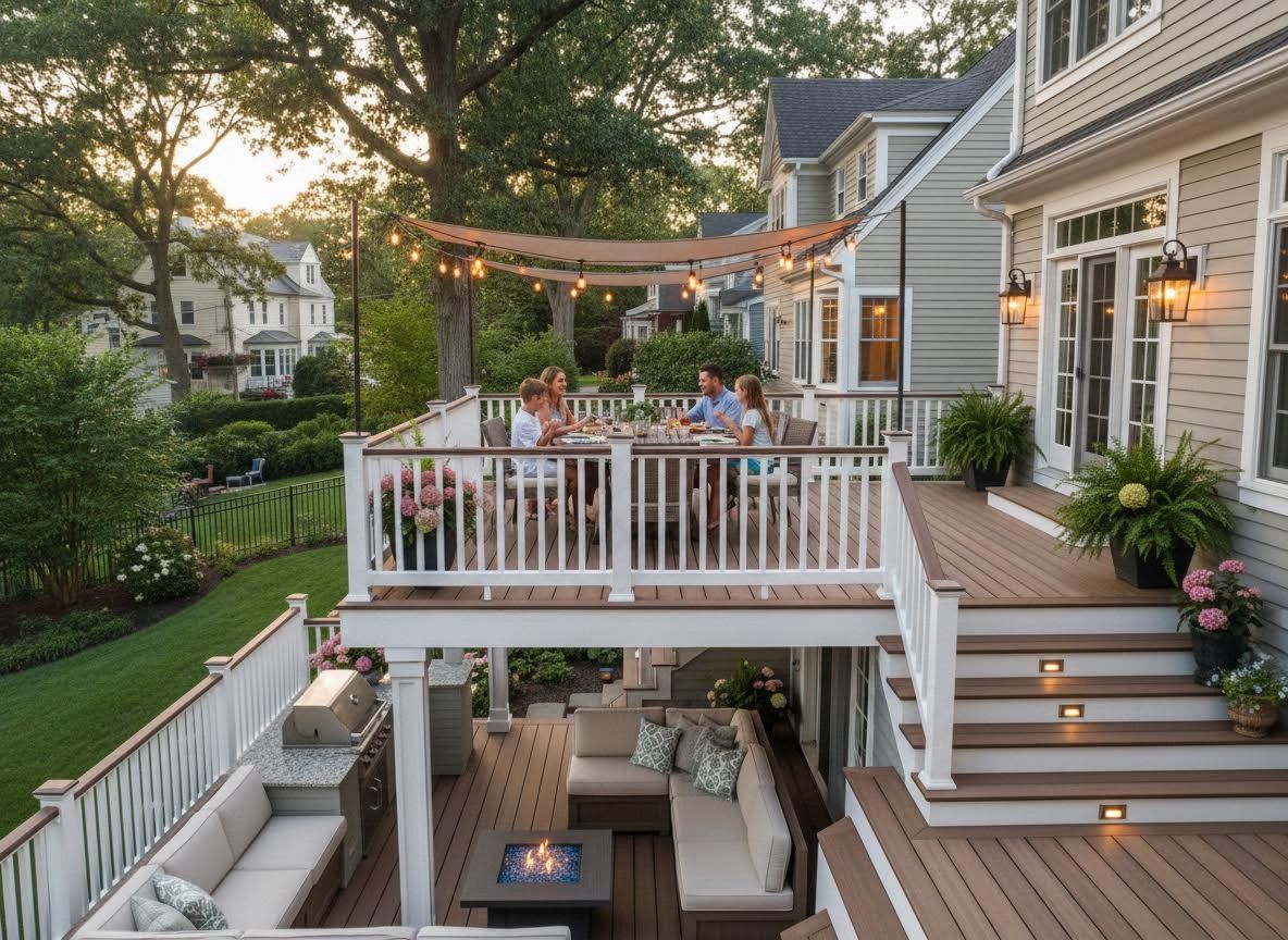 Family Dining and Relaxation on a Multi-Level Deck