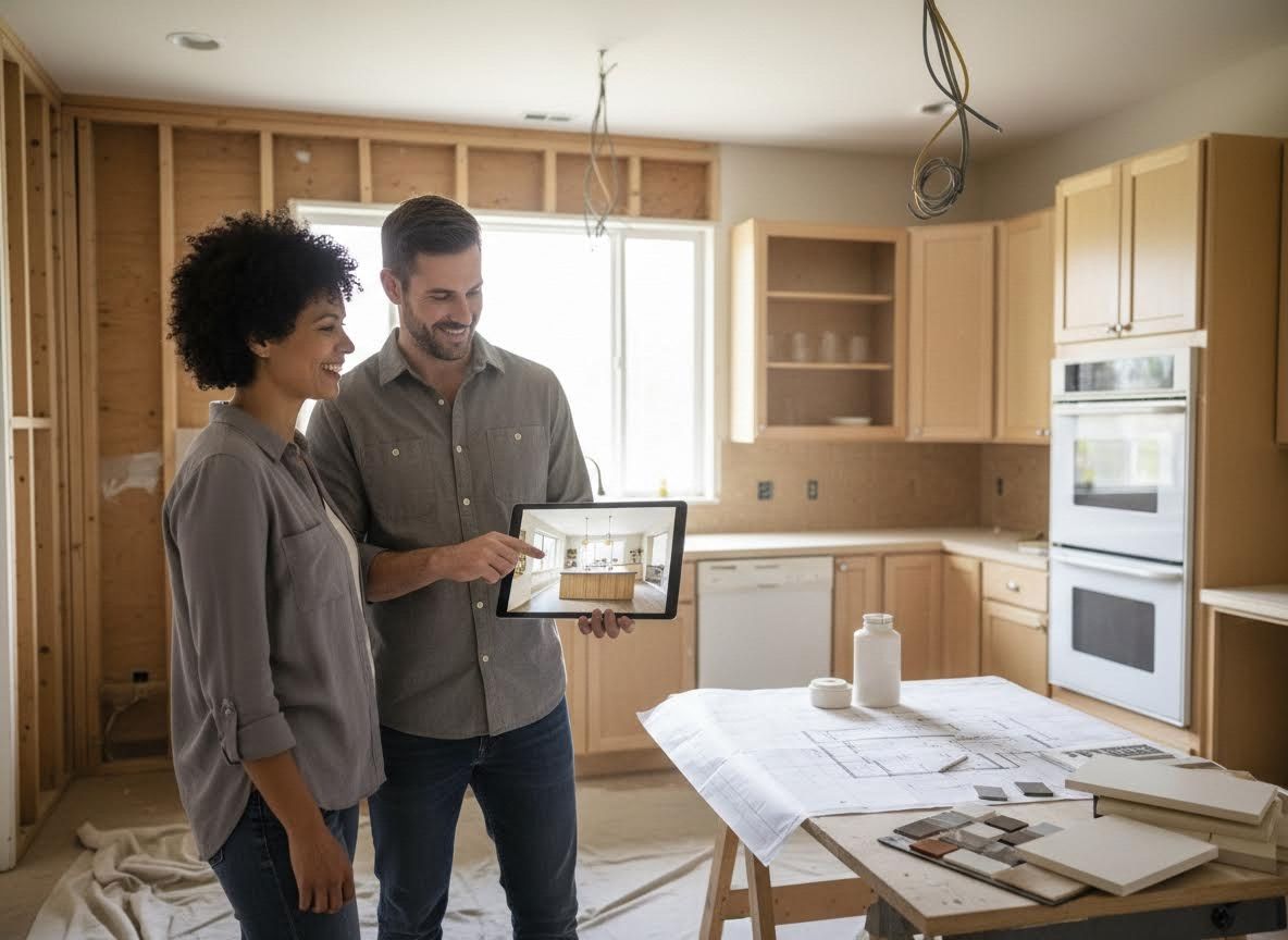 Couple planning kitchen renovation with digital tablet