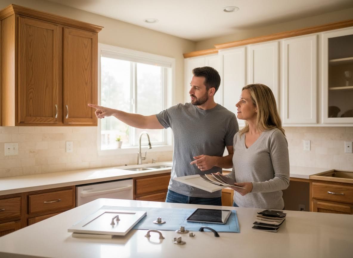 Couple planning kitchen renovation with samples