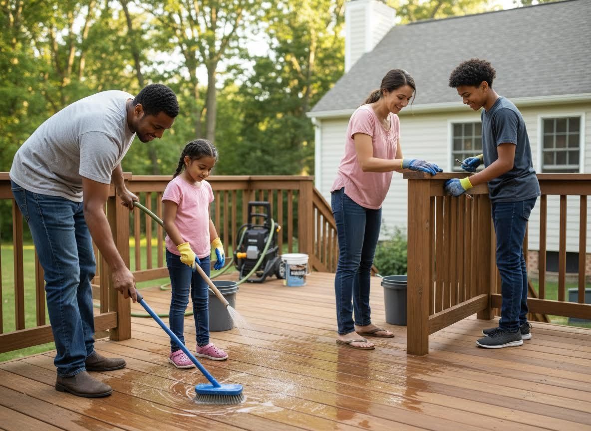 Family Cleaning Wooden Deck Together