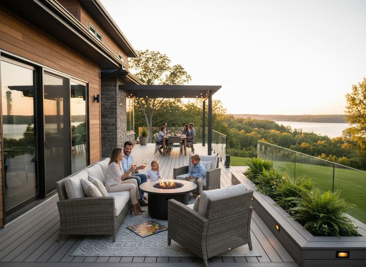 Family and Friends Enjoying a Modern Deck with Lake View at Sunset