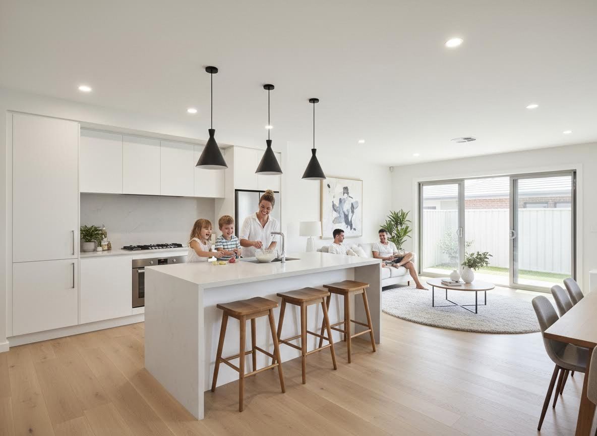 Family enjoying a modern open-plan kitchen and living room