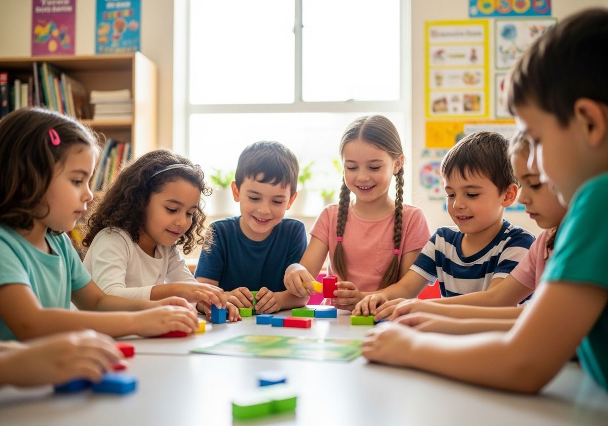Elementary School Students Playing with Blocks