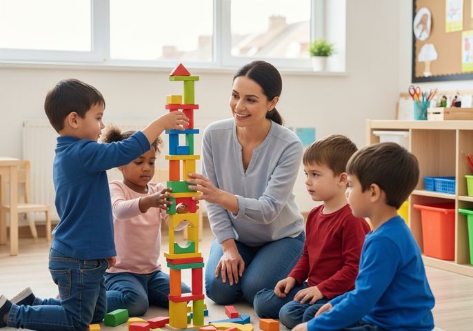 Teacher and Children Building Tower of Blocks