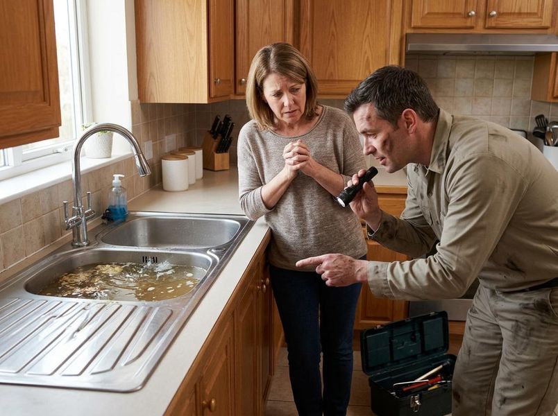 Plumber Inspecting Clogged Kitchen Sink