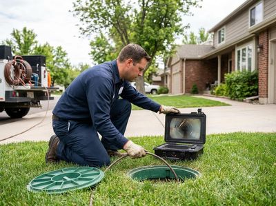 A technician kneels on a residential lawn, performing a video inspection of a sewer line using a camera and portable monitor next to an open access point. Sewer Camera Inspection