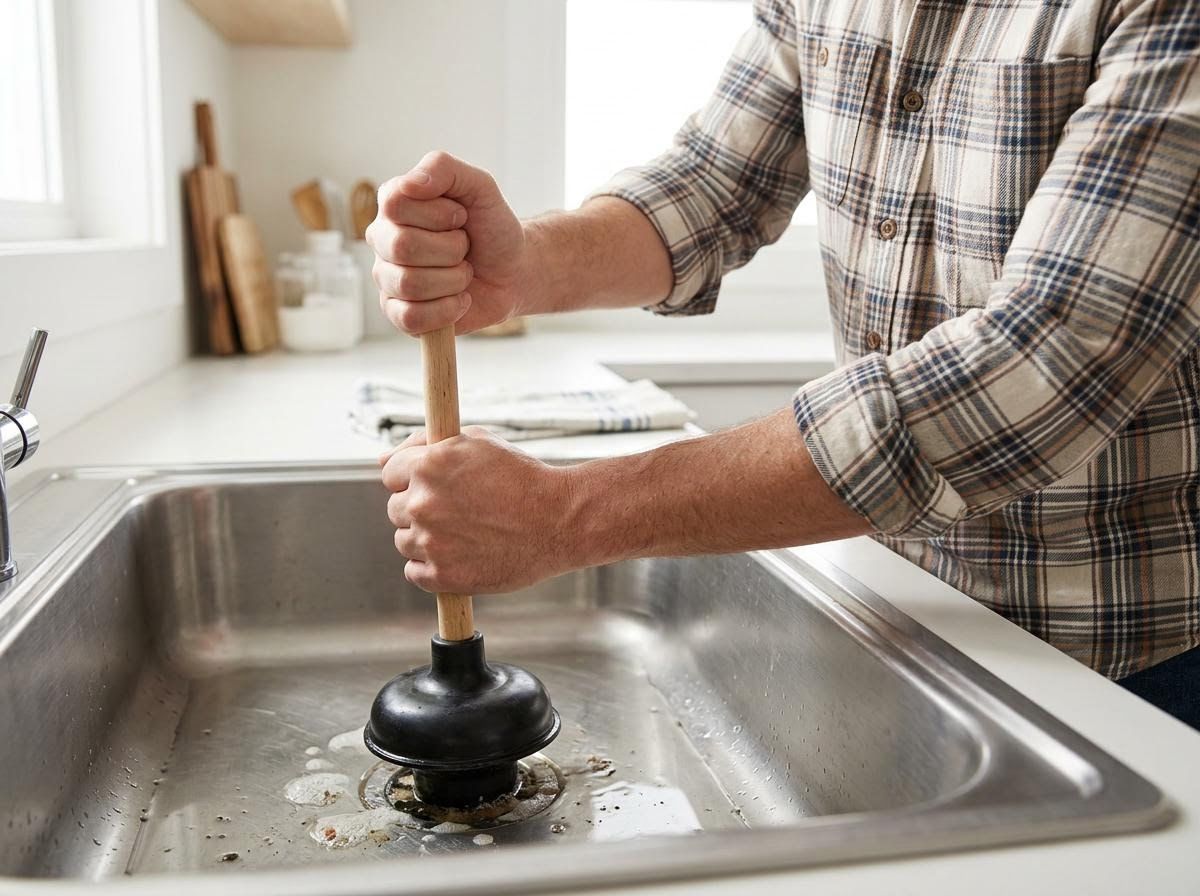 Man Plunging Clogged Kitchen Sink