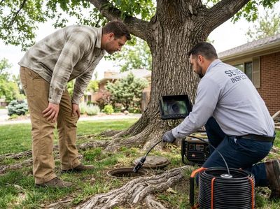 Two men performing a sewer line inspection with a camera system and monitor next to an open manhole on a residential lawn. Sewer Camera Inspection Service