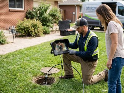 A service technician uses a camera to inspect a sewer pipe and shows the live footage to a homeowner on a digital monitor in a residential yard. Sewer Pipe Inspection with Camera and Client Review