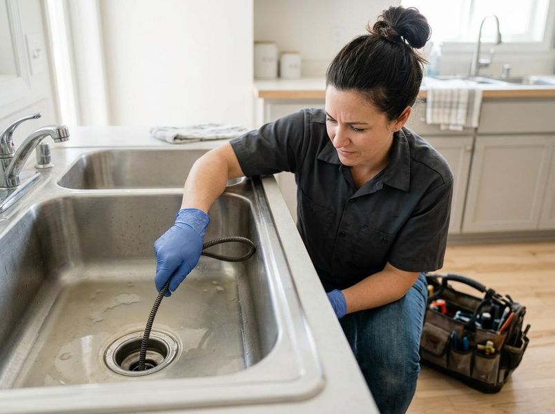 Woman clearing clogged kitchen sink with drain snake