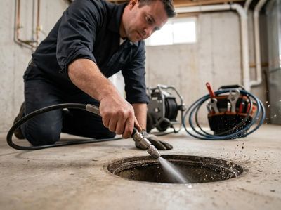 A man in dark work clothes kneels, using a high-pressure hose to clean a basement drain. Plumbing tools and equipment are in the background. Plumber Cleaning a Basement Drain