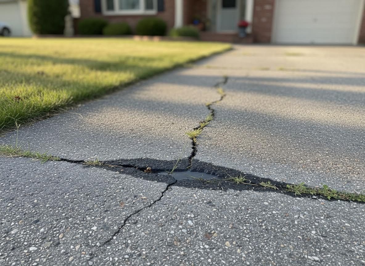Cracked Asphalt Driveway with Weeds and Puddle