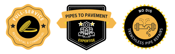 Three trust badges for John Dream Sewer and Water highlighting Full-Service Residential and Commercial utility work, Pipes to Pavement Expertise, and No Dig Trenchless Pipe Repairs.