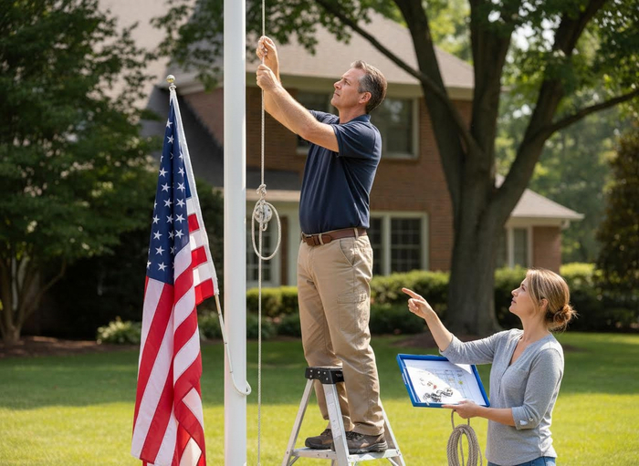 Man and woman installing an American flag on a flagpole
