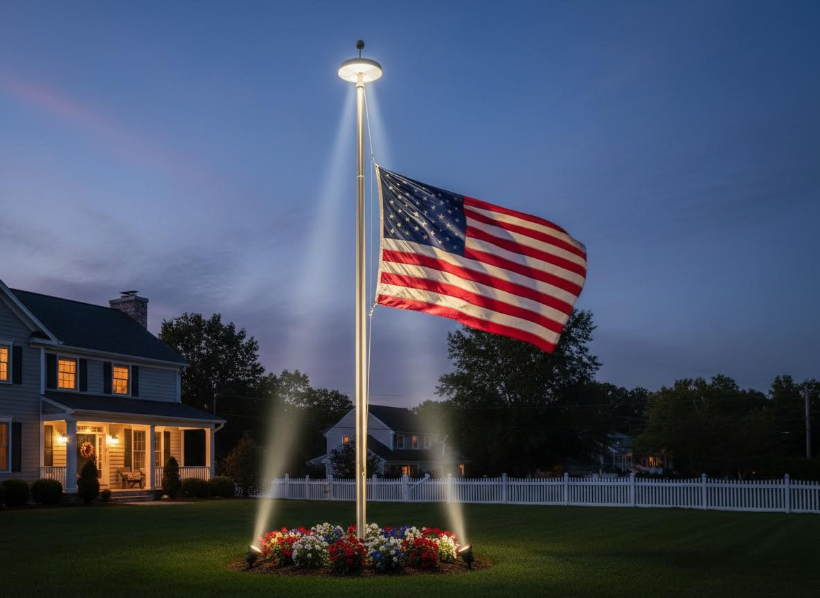 American Flag and Home Illuminated at Dusk