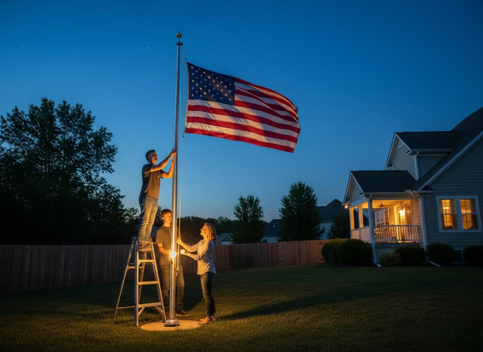 Family raising American flag at dusk with lights