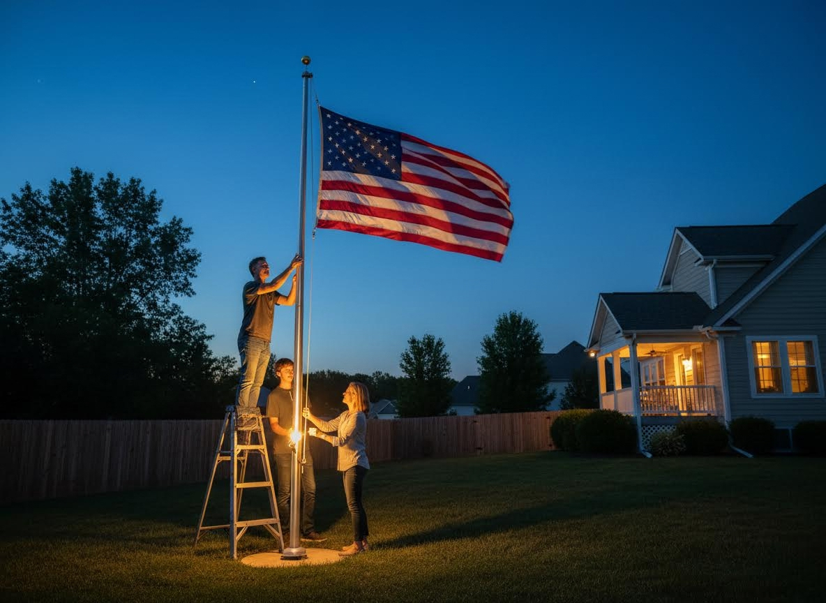 Family raising American flag at dusk with lights