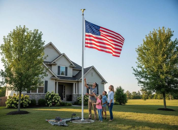 Family Raising American Flag at Home