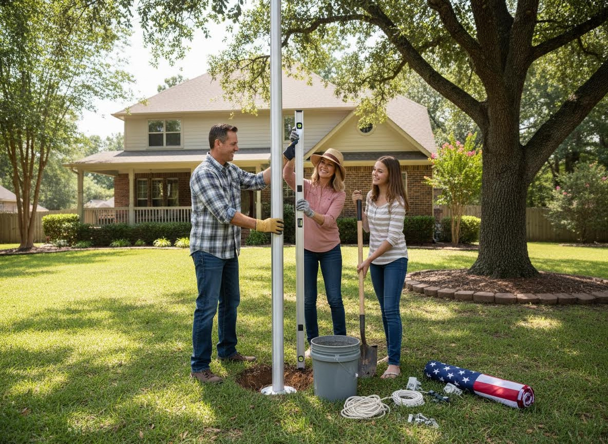 Family installing a new flagpole in their yard