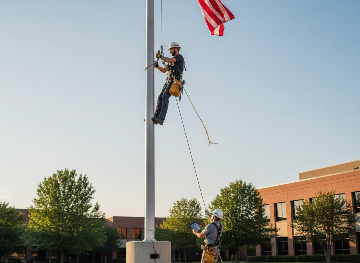 Workers performing maintenance on a flagpole