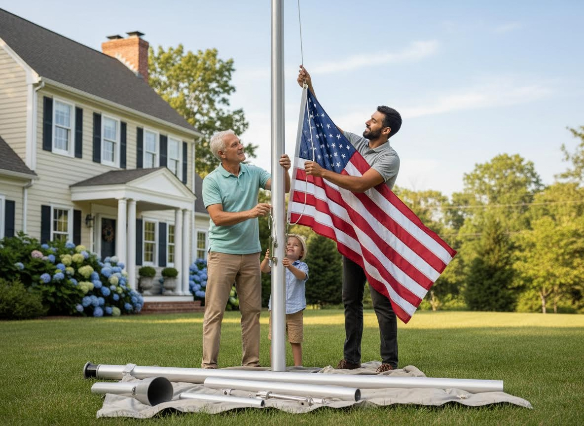 Three Generations Raising the American Flag