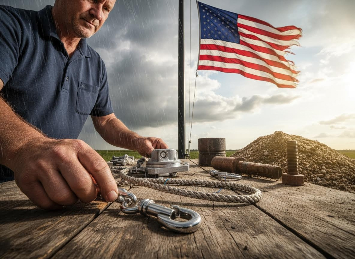 Man assembling industrial hardware with American flag