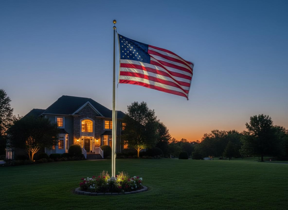 American Flag Flying at Twilight in Front of a Home