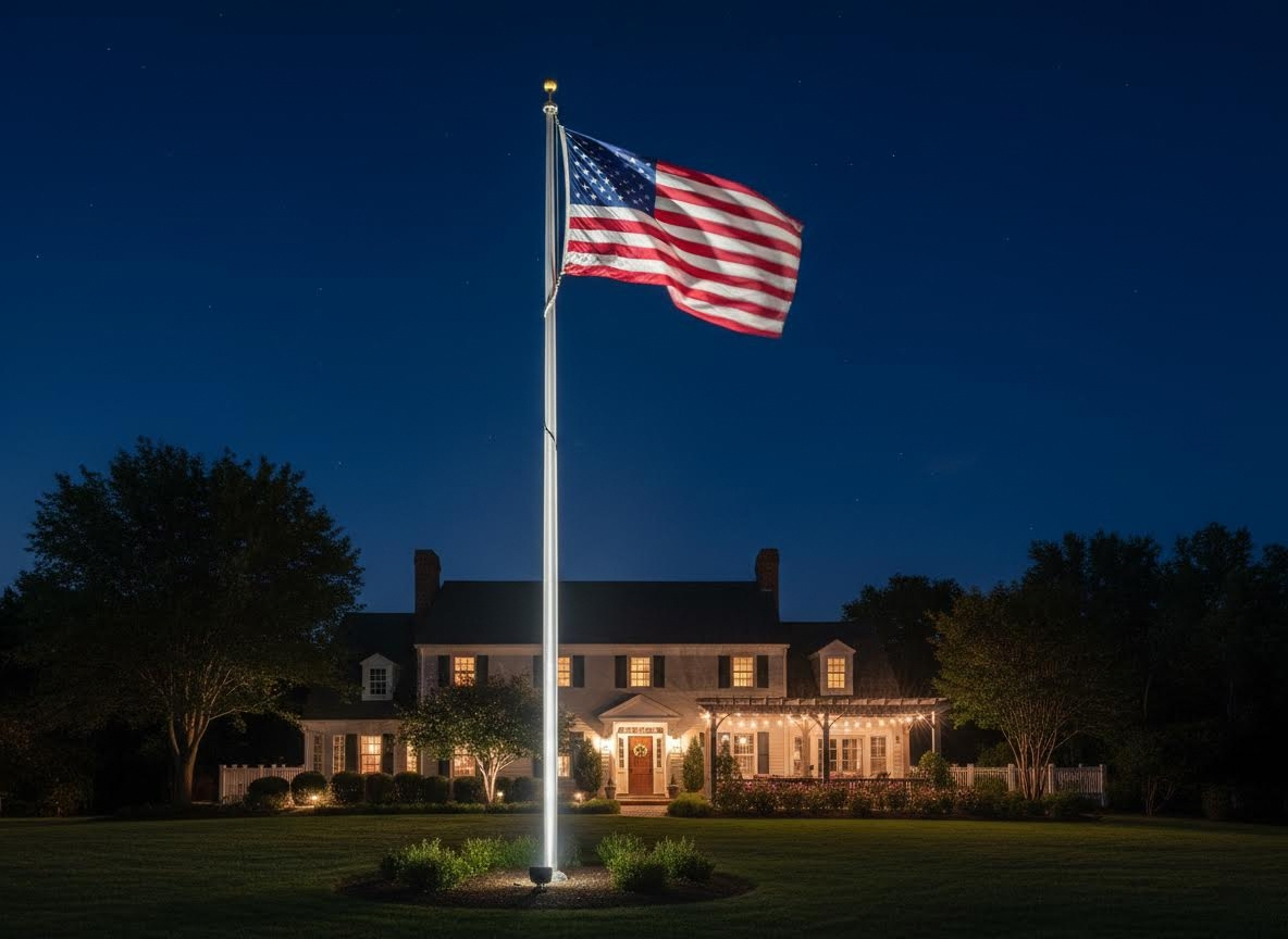 Illuminated American Flag at Night in Front of a Home